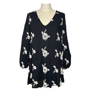Free People Austin Emma Mini Swing Dress Floral Black White Embroidered SzXS